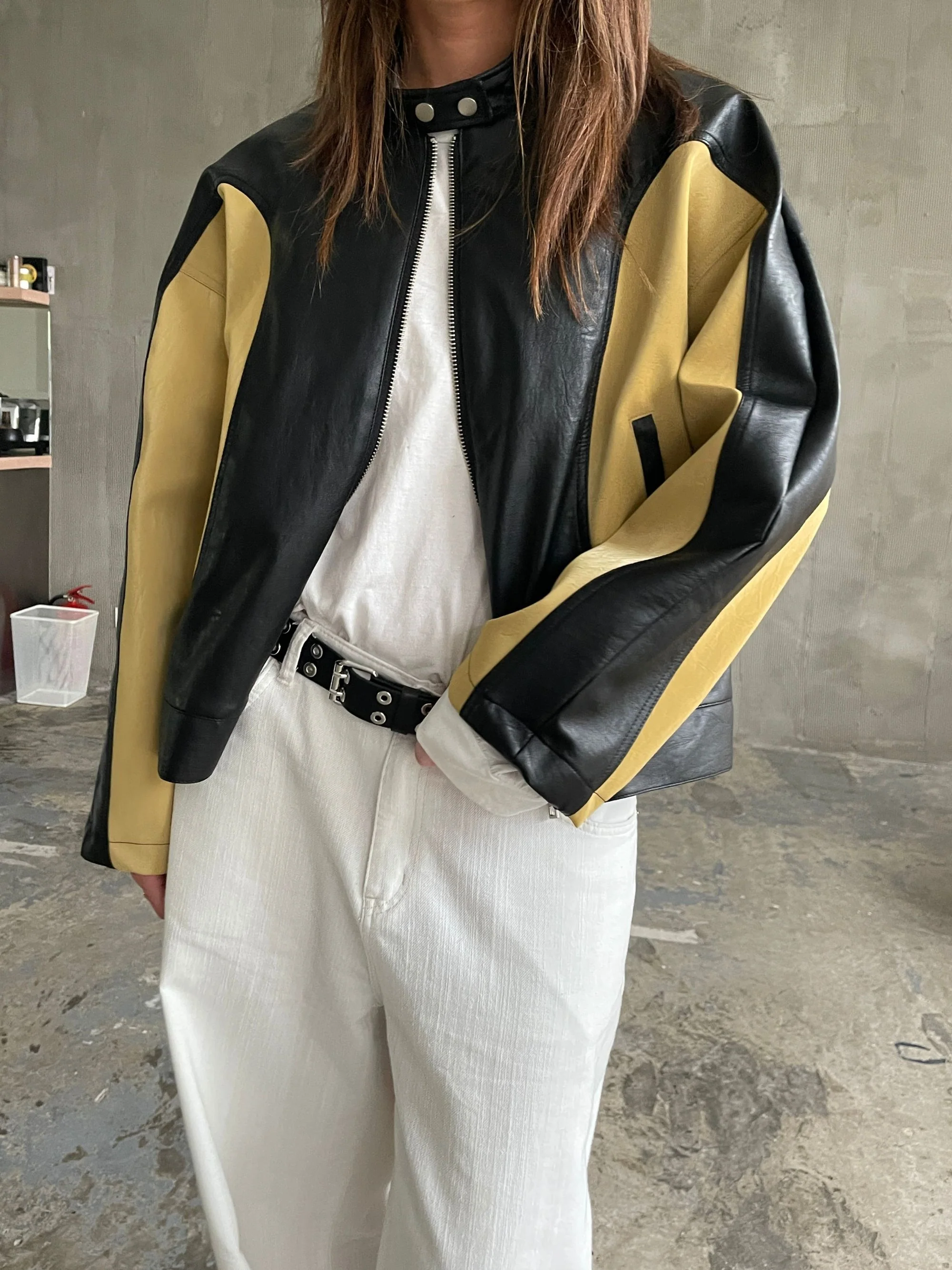 Bicolour Round Collar Jacket Camel - Image 6