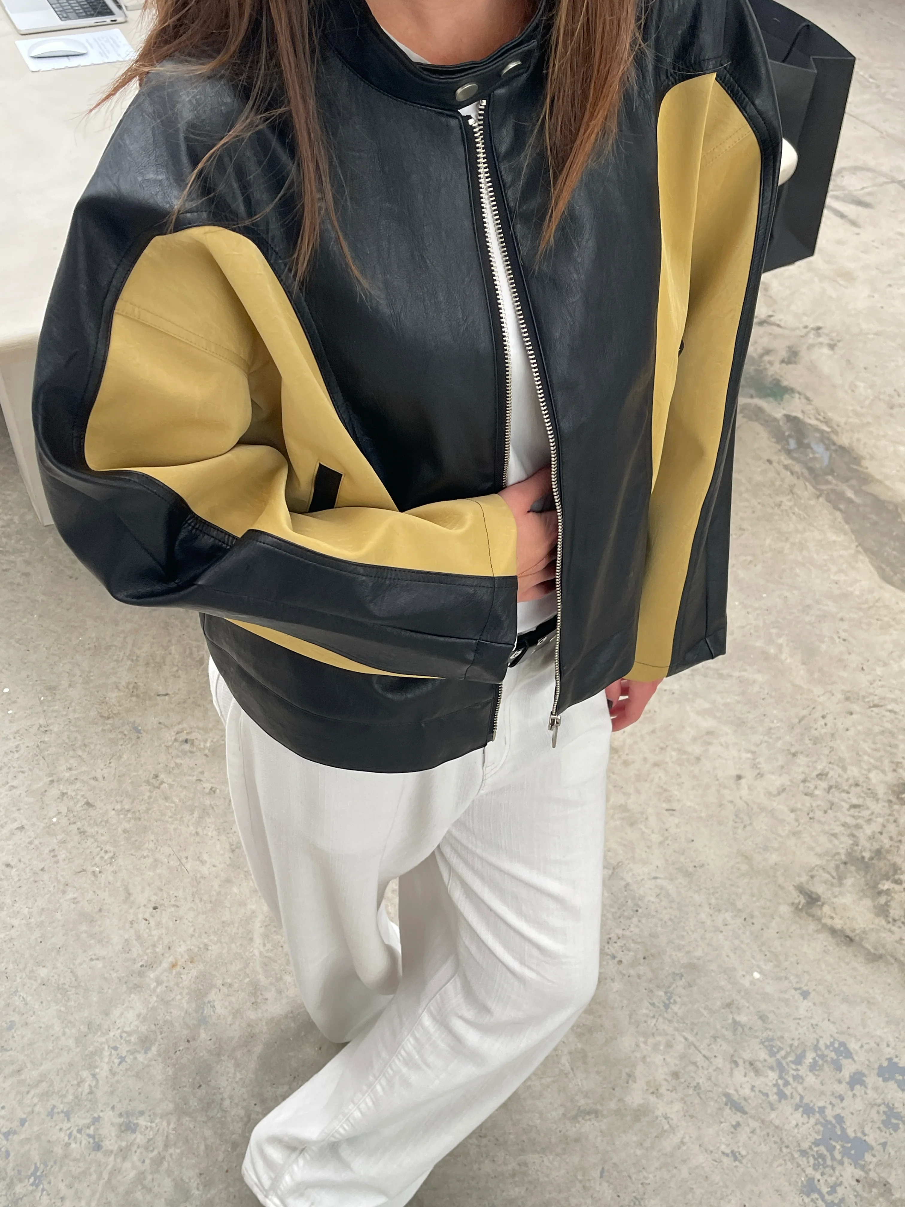 Bicolour Round Collar Jacket Camel - Image 9