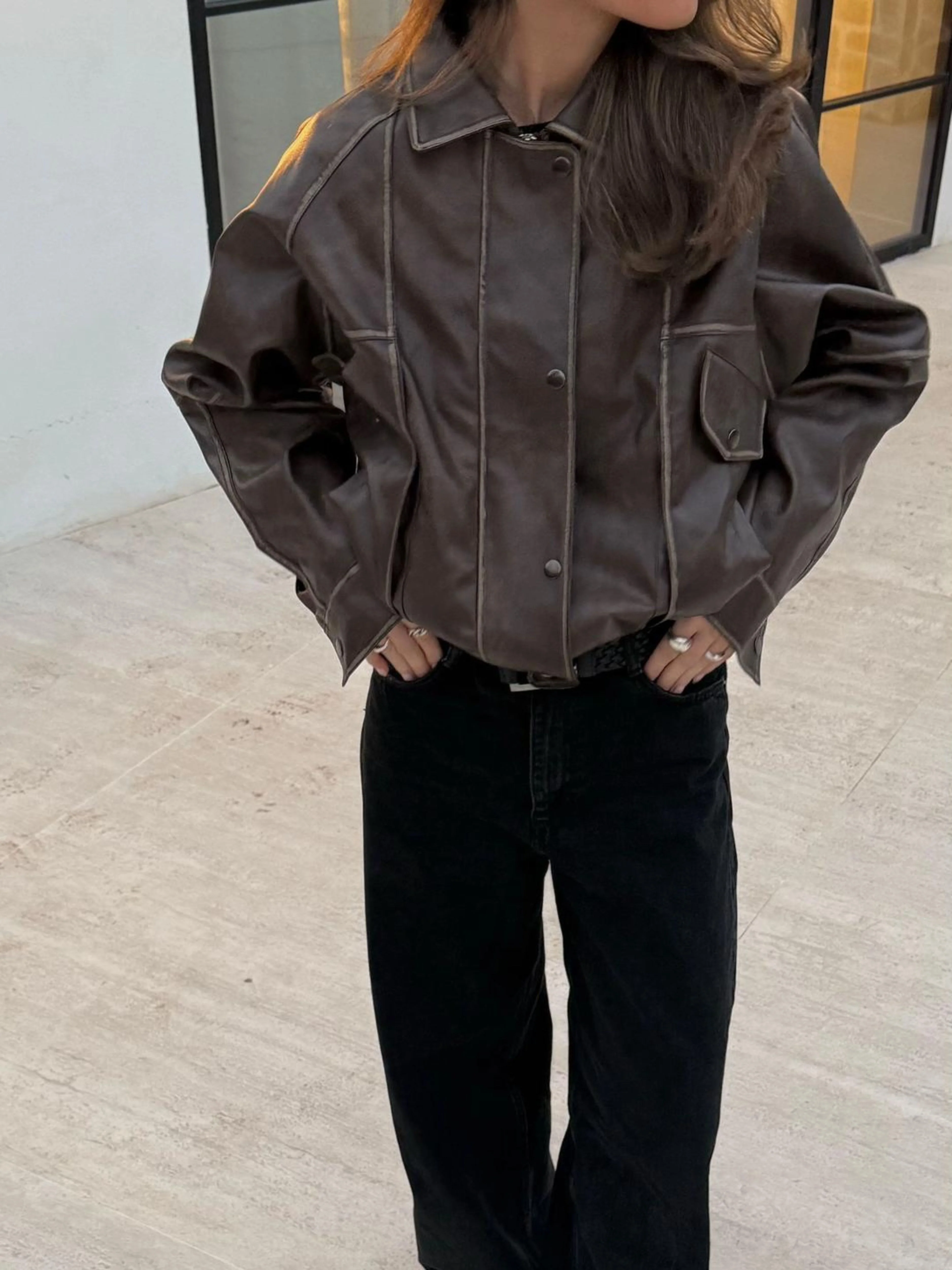 Contrast Stitch Buttoned Jacket Brown - Image 3