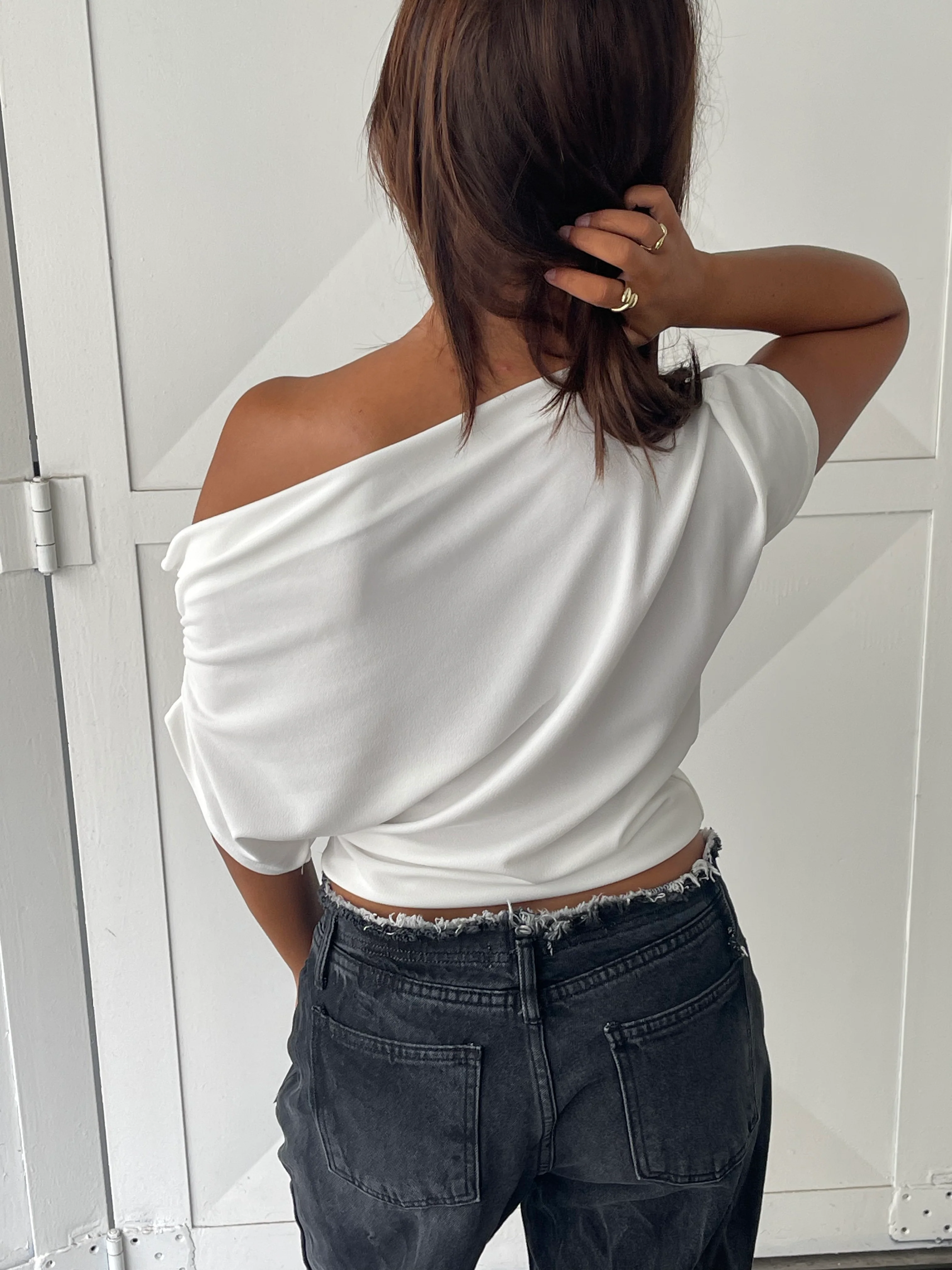 Draped Over Shoulder Top White - Image 3