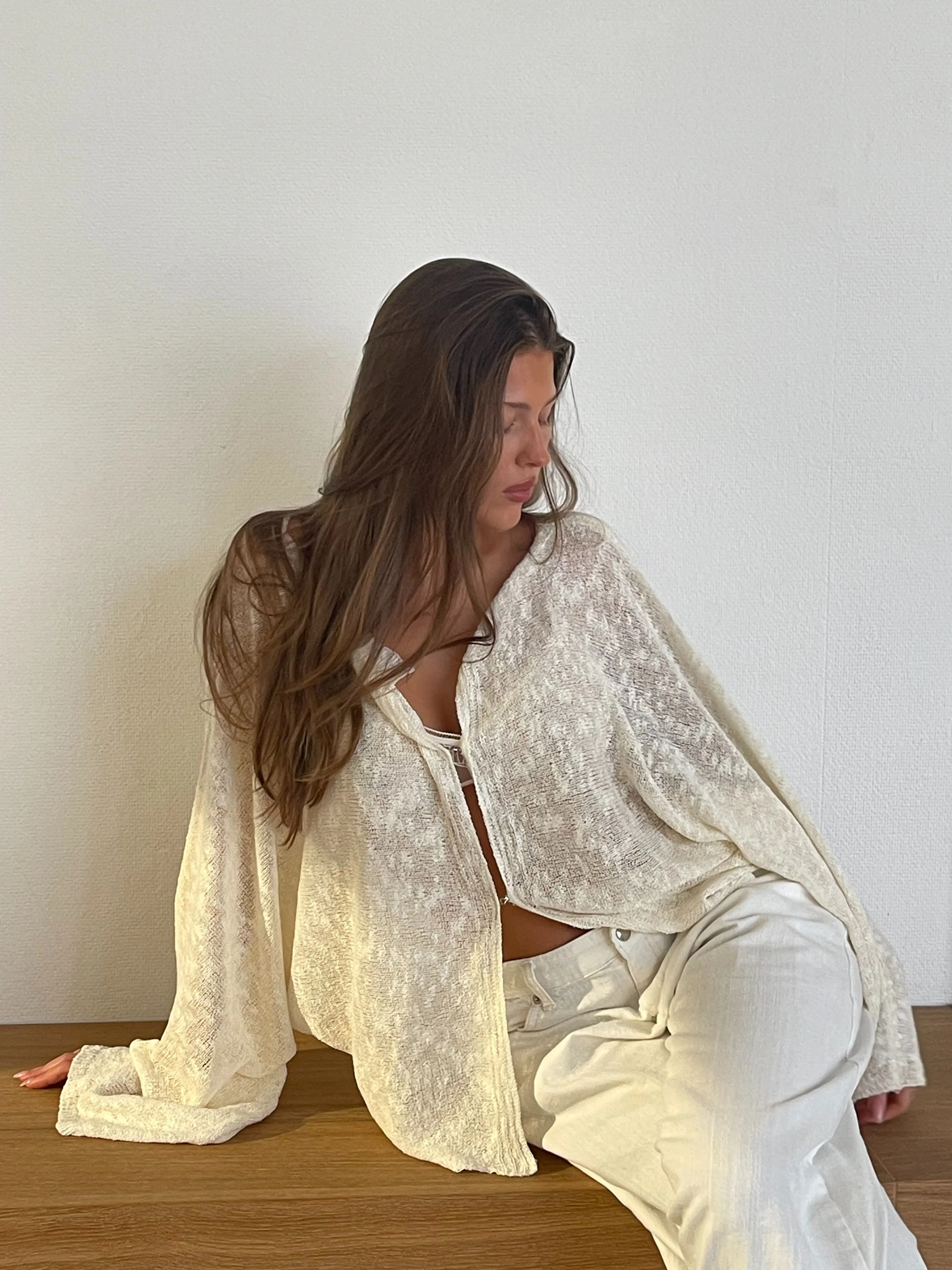 Cloud Knitted Open Style Cardigan Cream - Image 12