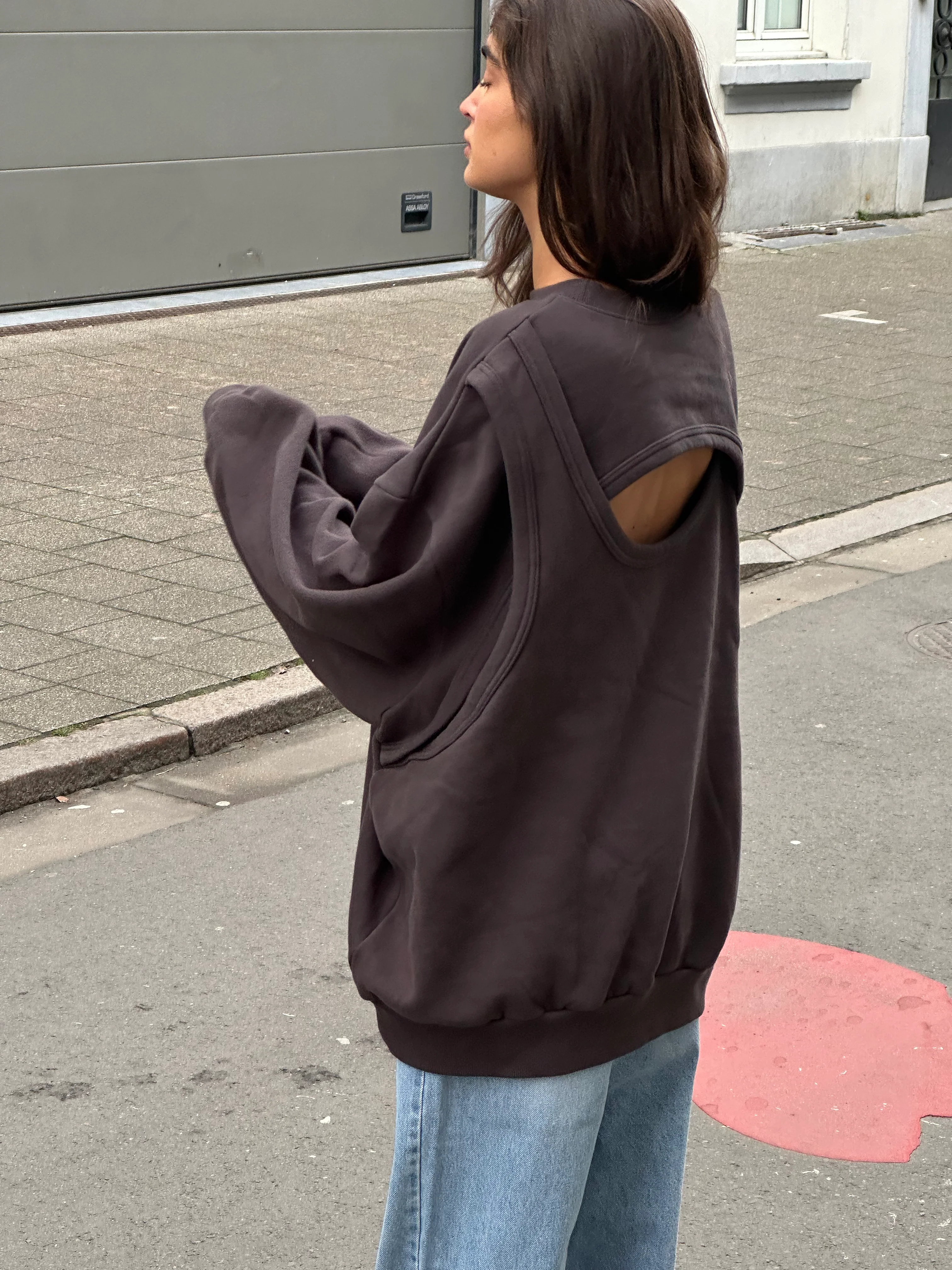 Open Back Overlay Fleeced Sweater Charcoal - Image 13