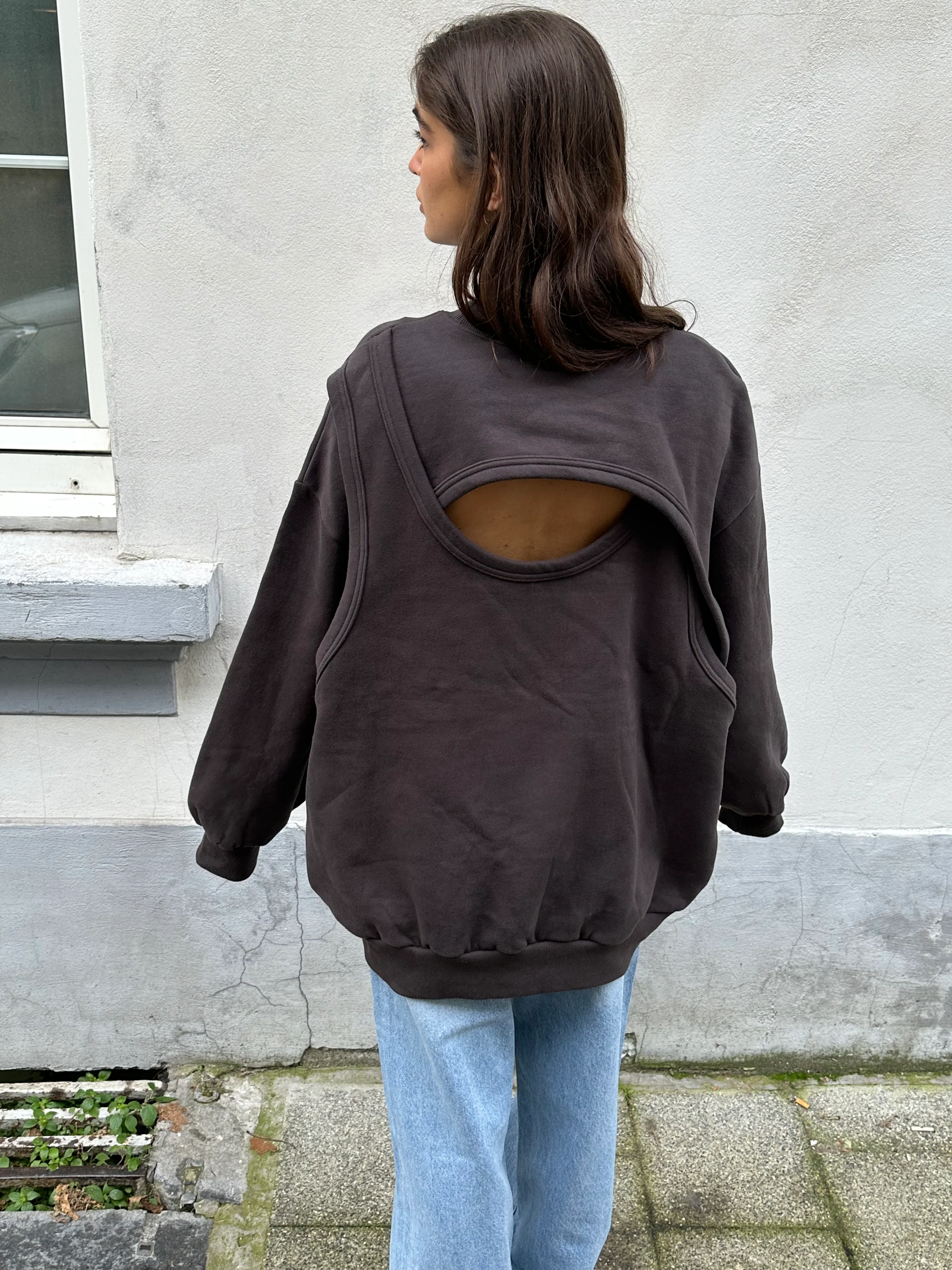 Open Back Overlay Fleeced Sweater Charcoal - Image 8