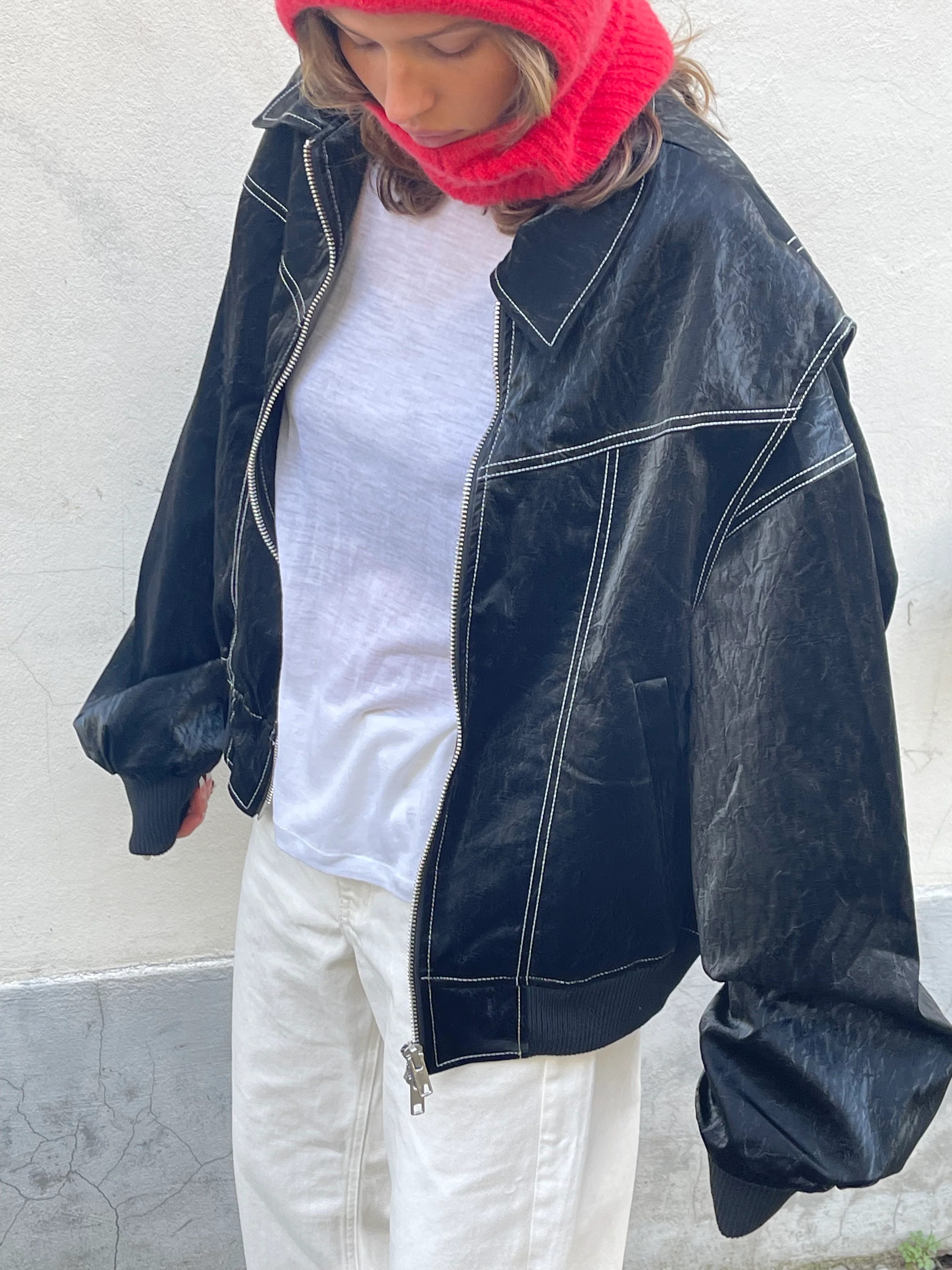 Oversized Contrast Stitch Jacket Black - Image 8