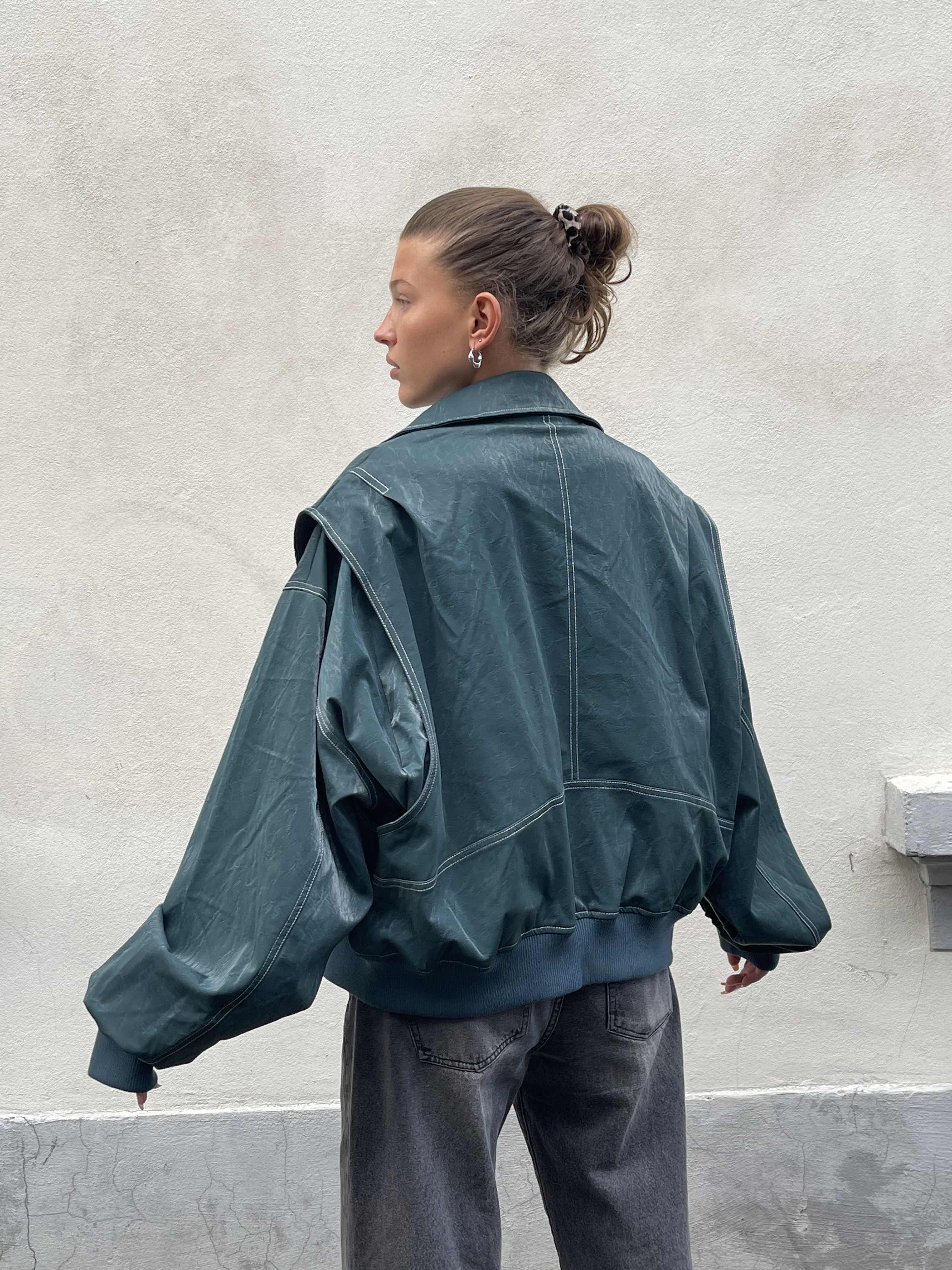 Oversized Contrast Stitch Jacket Deep Green - Image 6