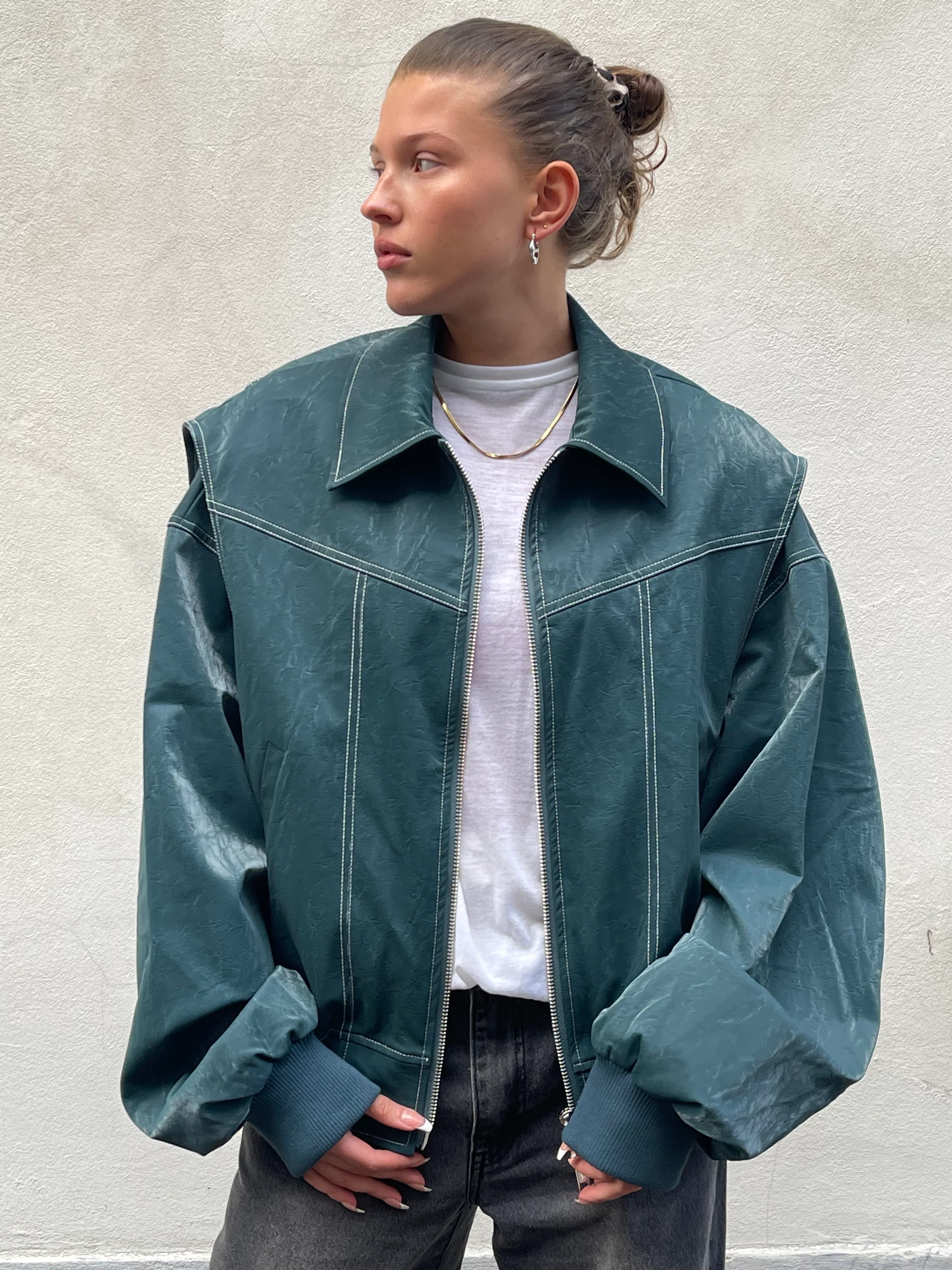 Oversized Contrast Stitch Jacket Deep Green - Image 7