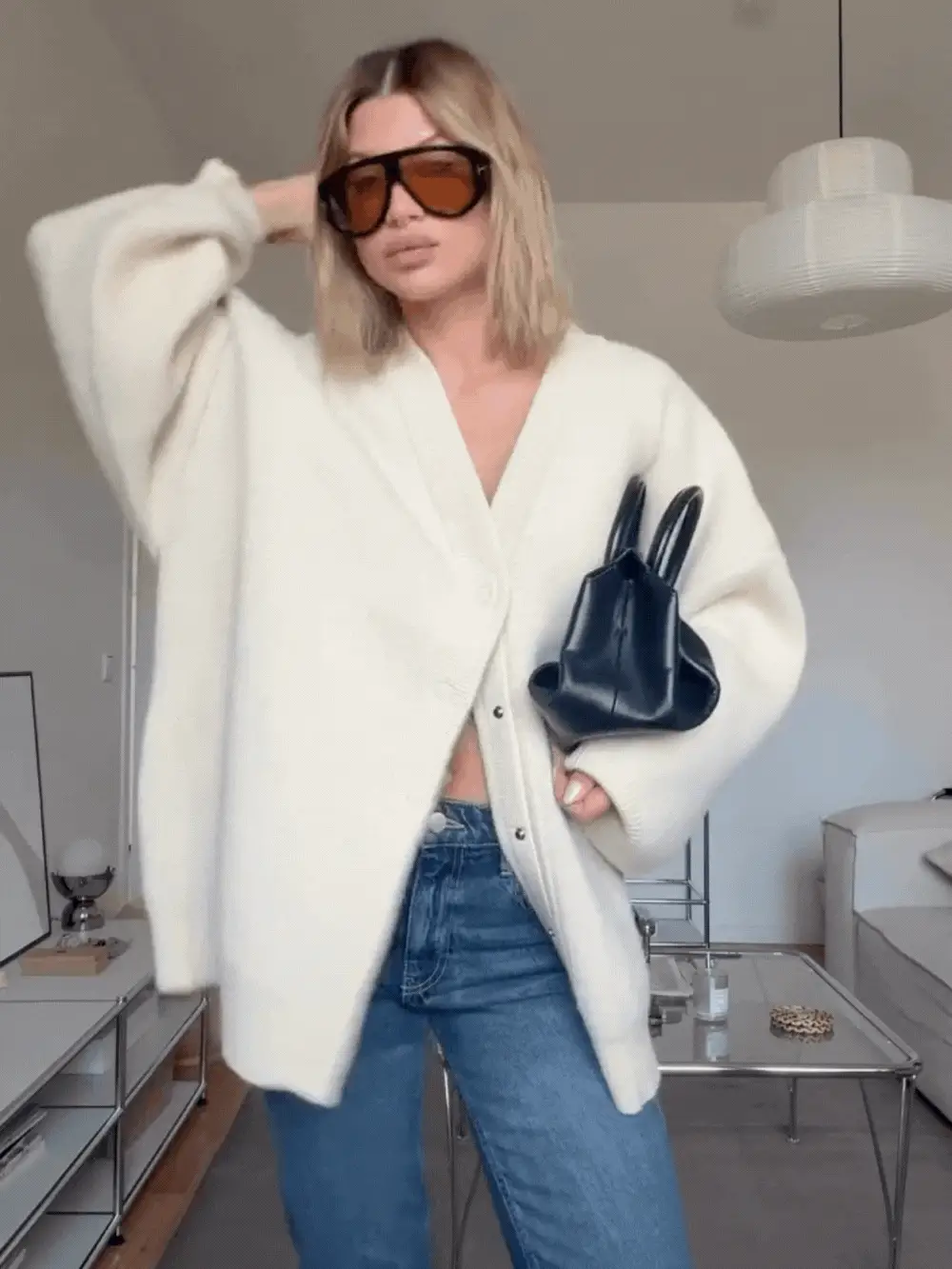 Oversized Press Button Cardigan Cream - Image 9