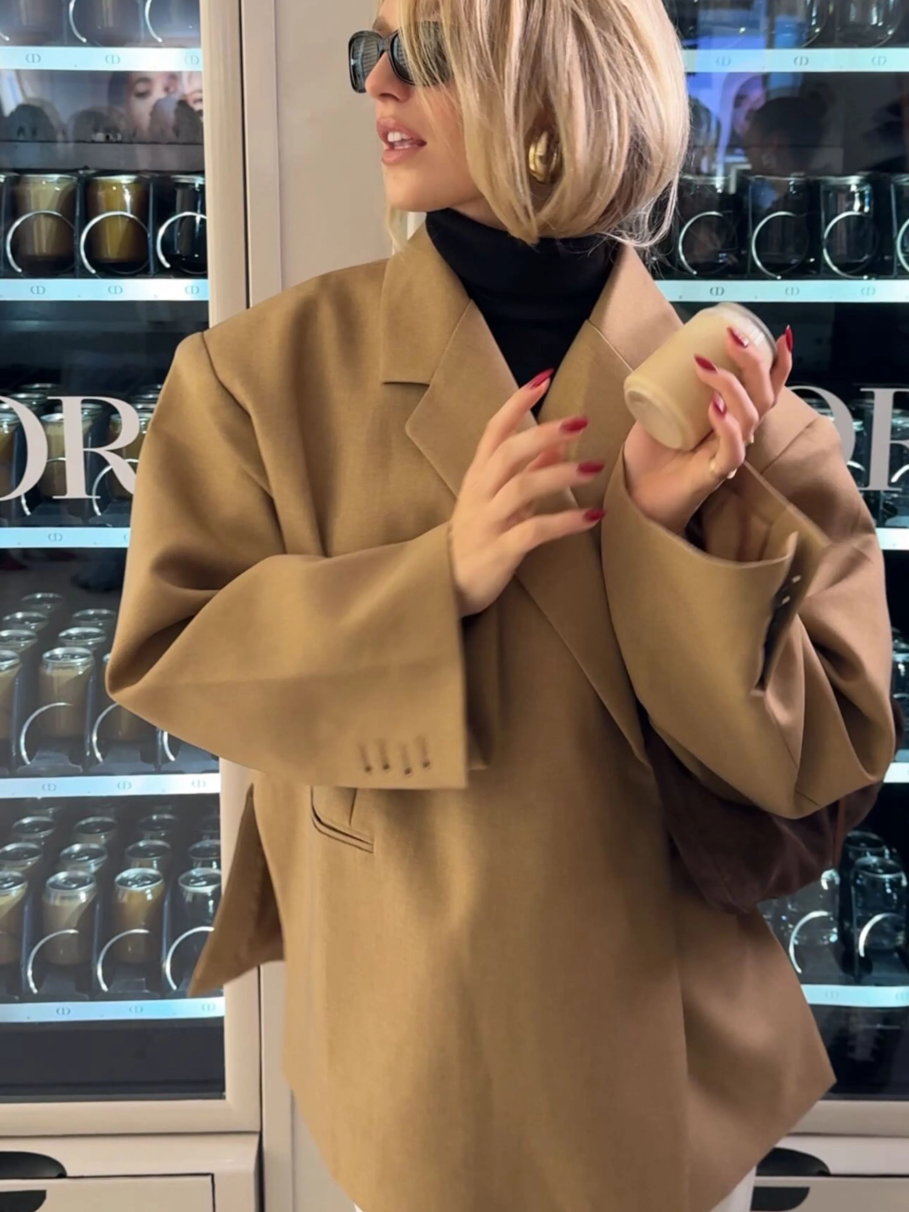 Oversized Side Slit Blazer Camel - Image 5