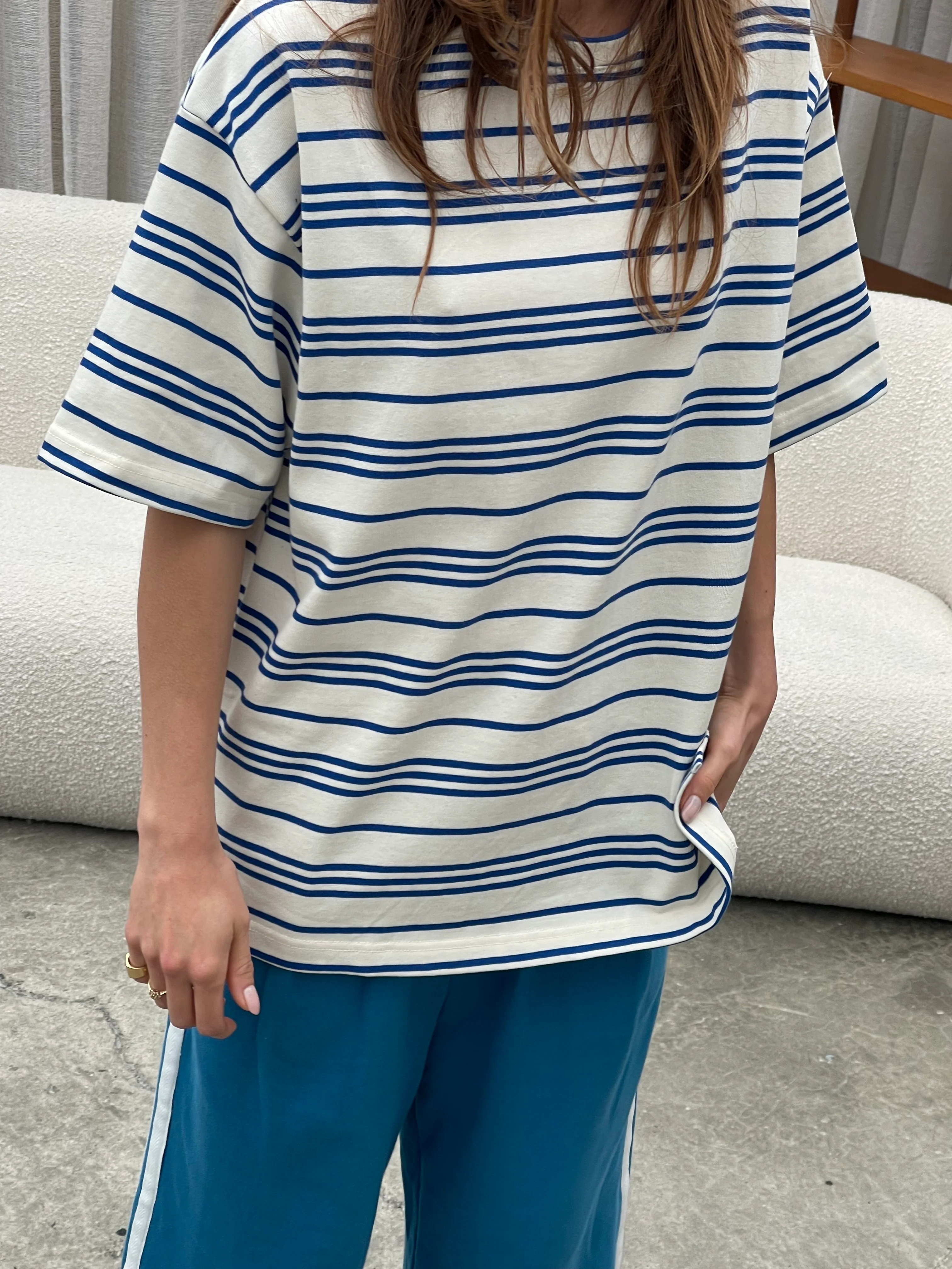 Oversized Striped Round Neck Tee Ivory - Image 8