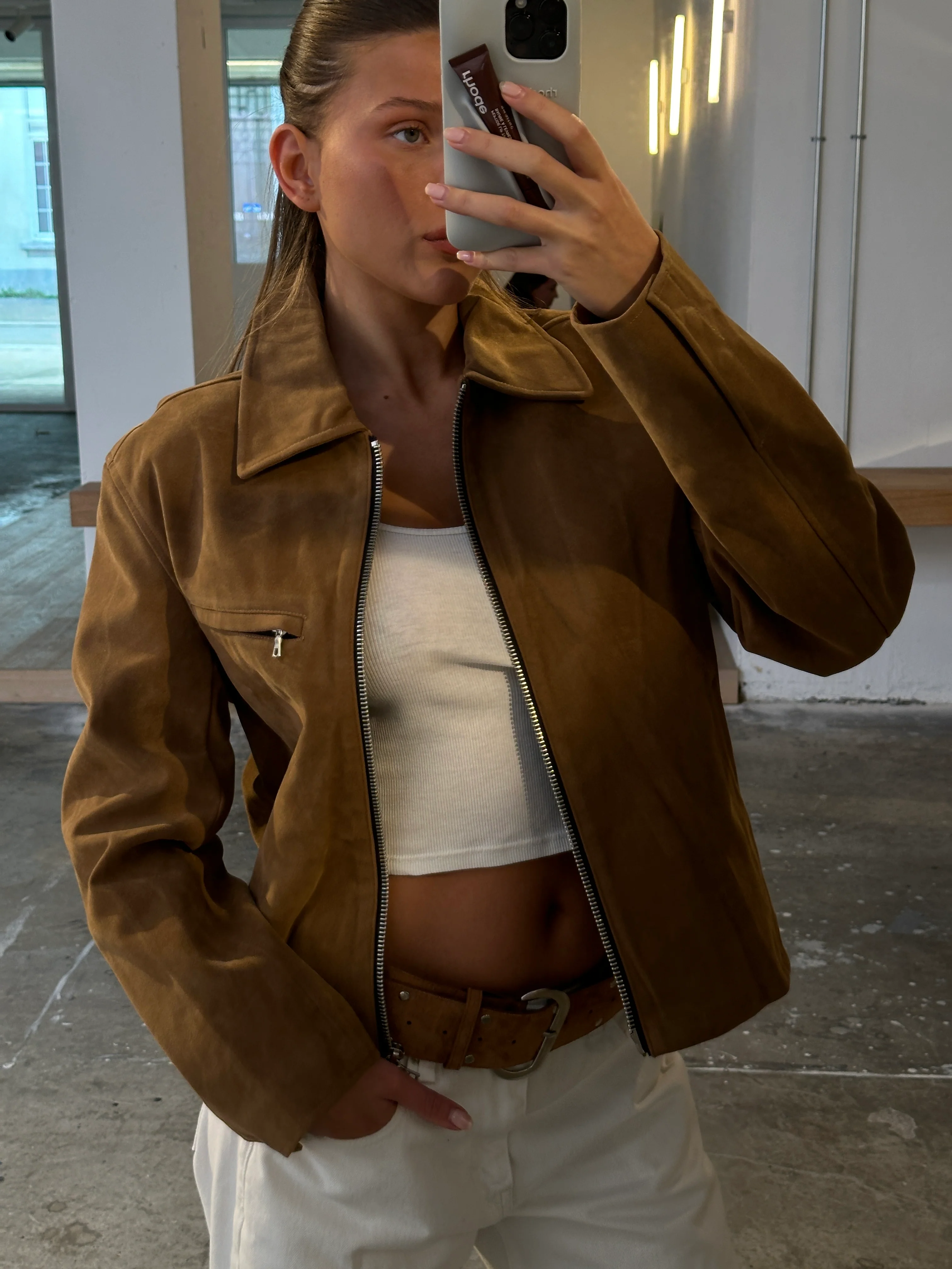 Suede Zipper Jacket Camel - Image 3