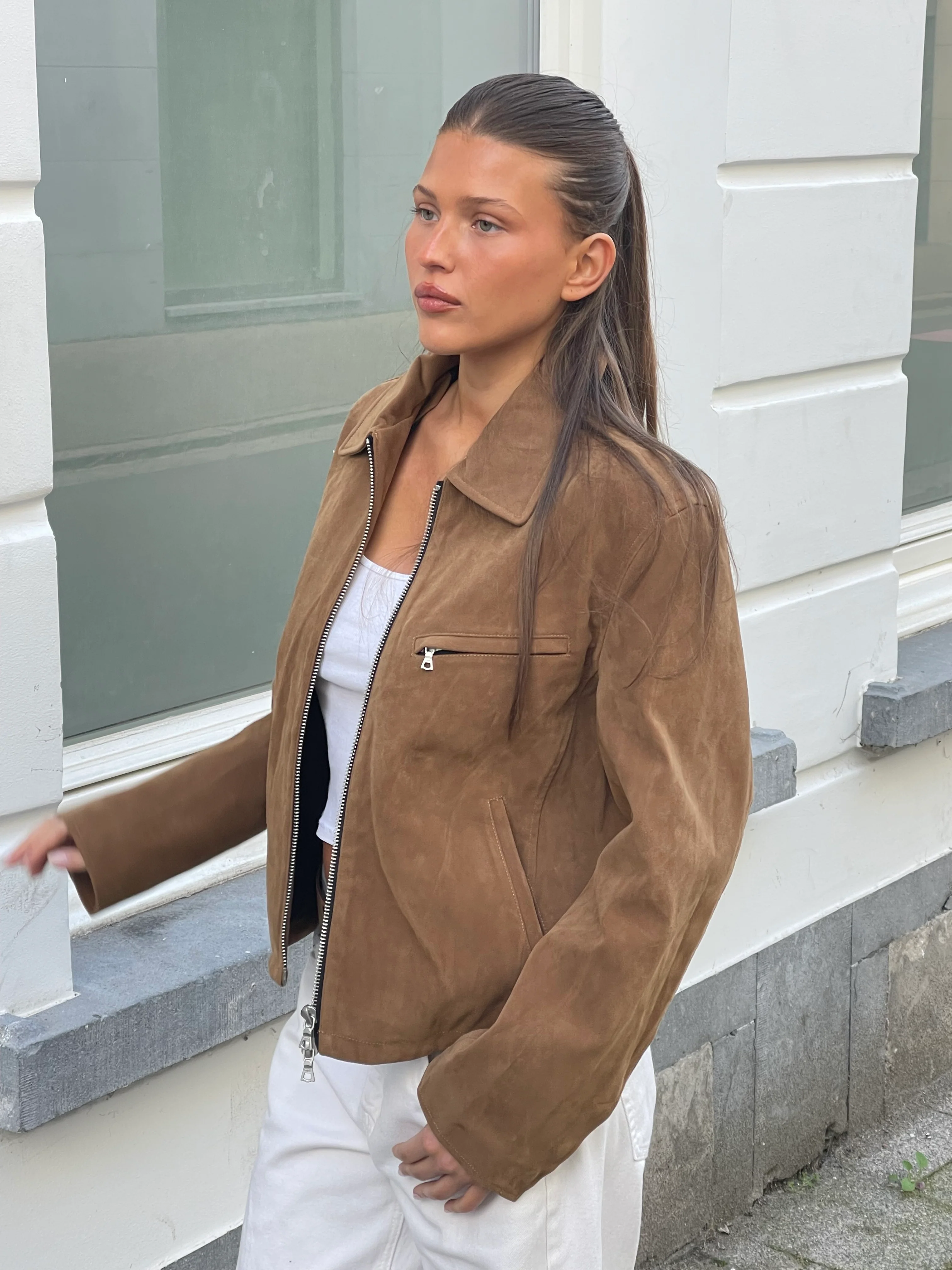 Suede Zipper Jacket Camel - Image 4