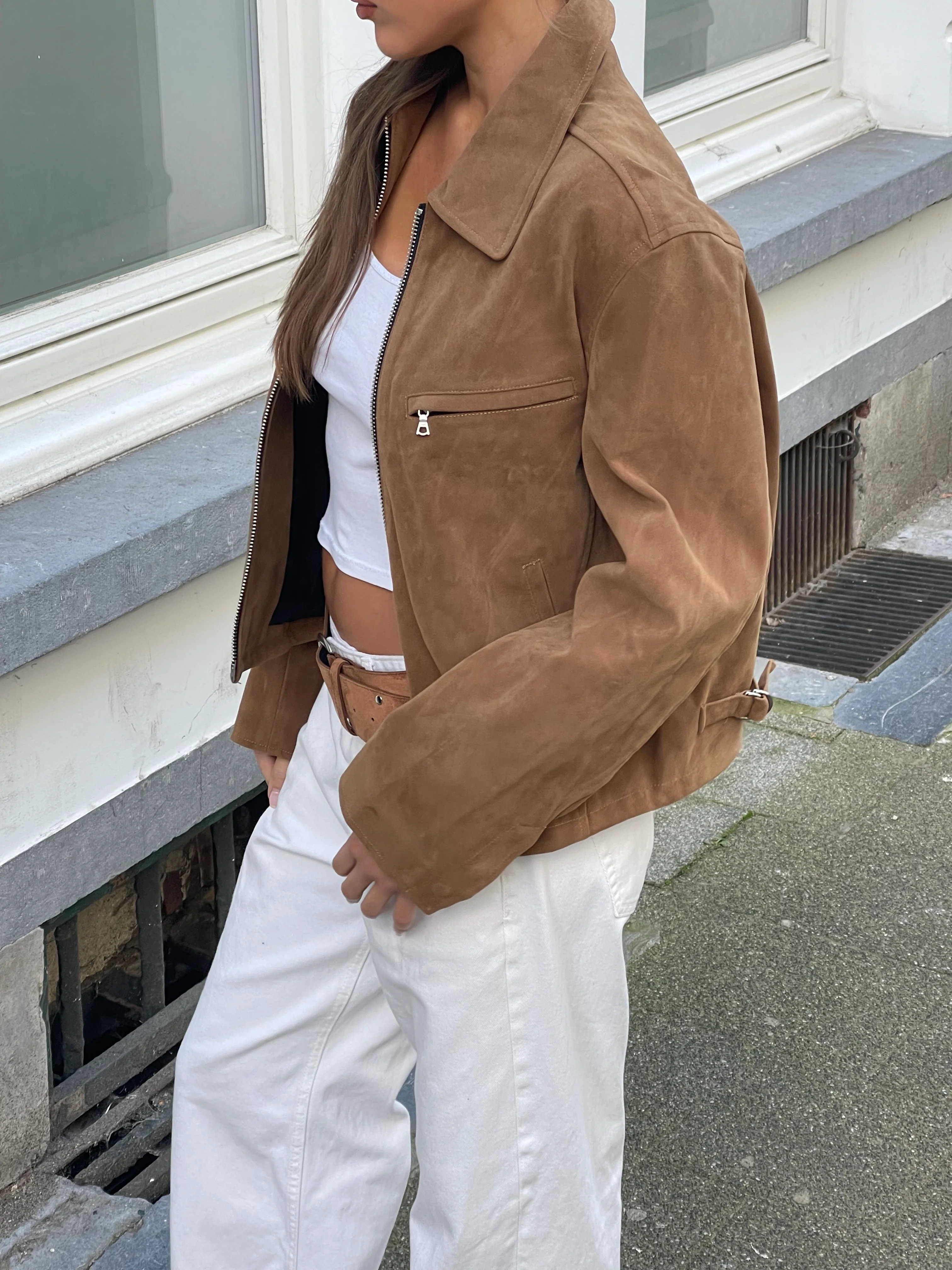 Suede Zipper Jacket Camel - Image 6