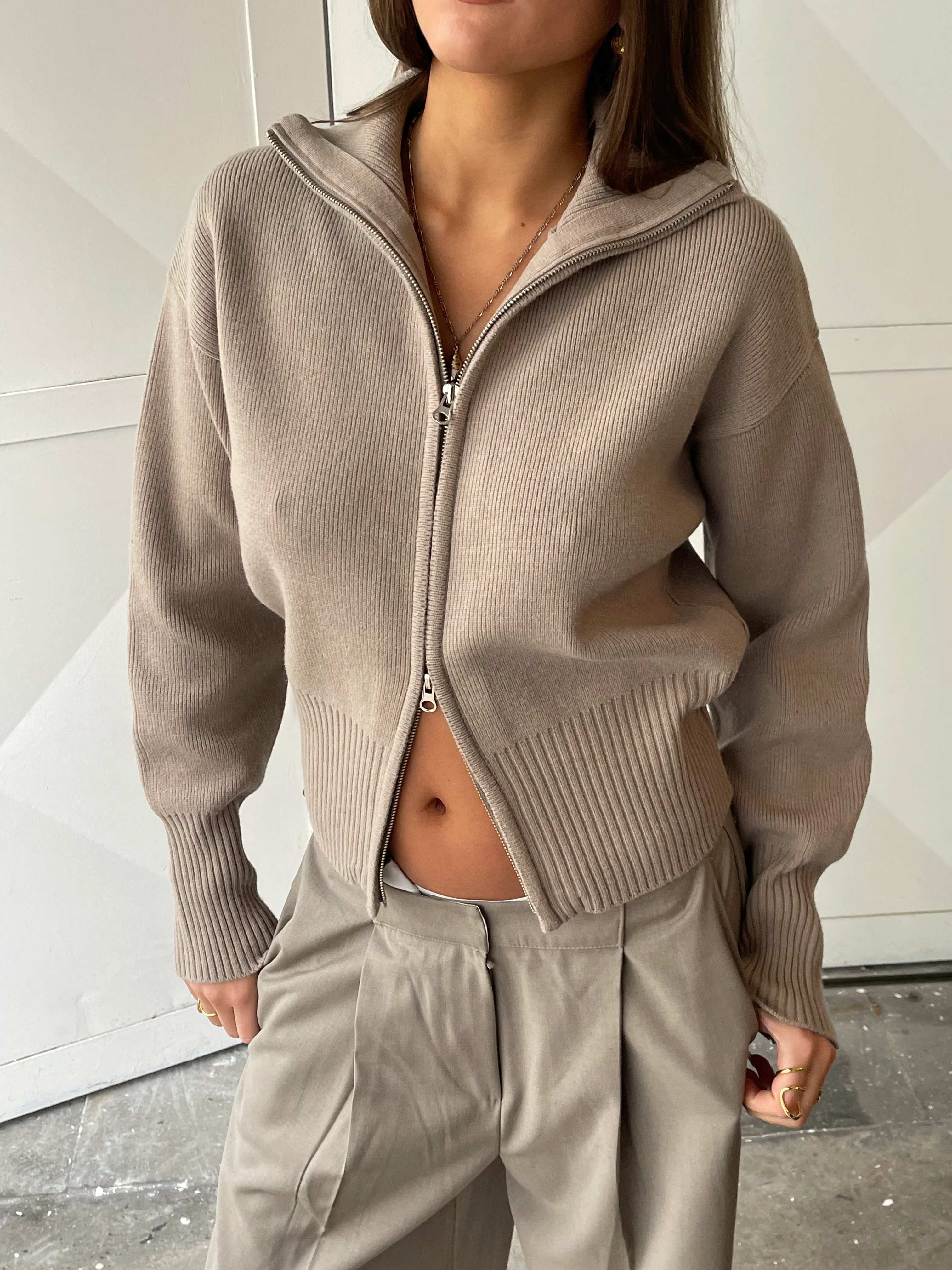 Two Way Zip Cardigan Beige - Image 4