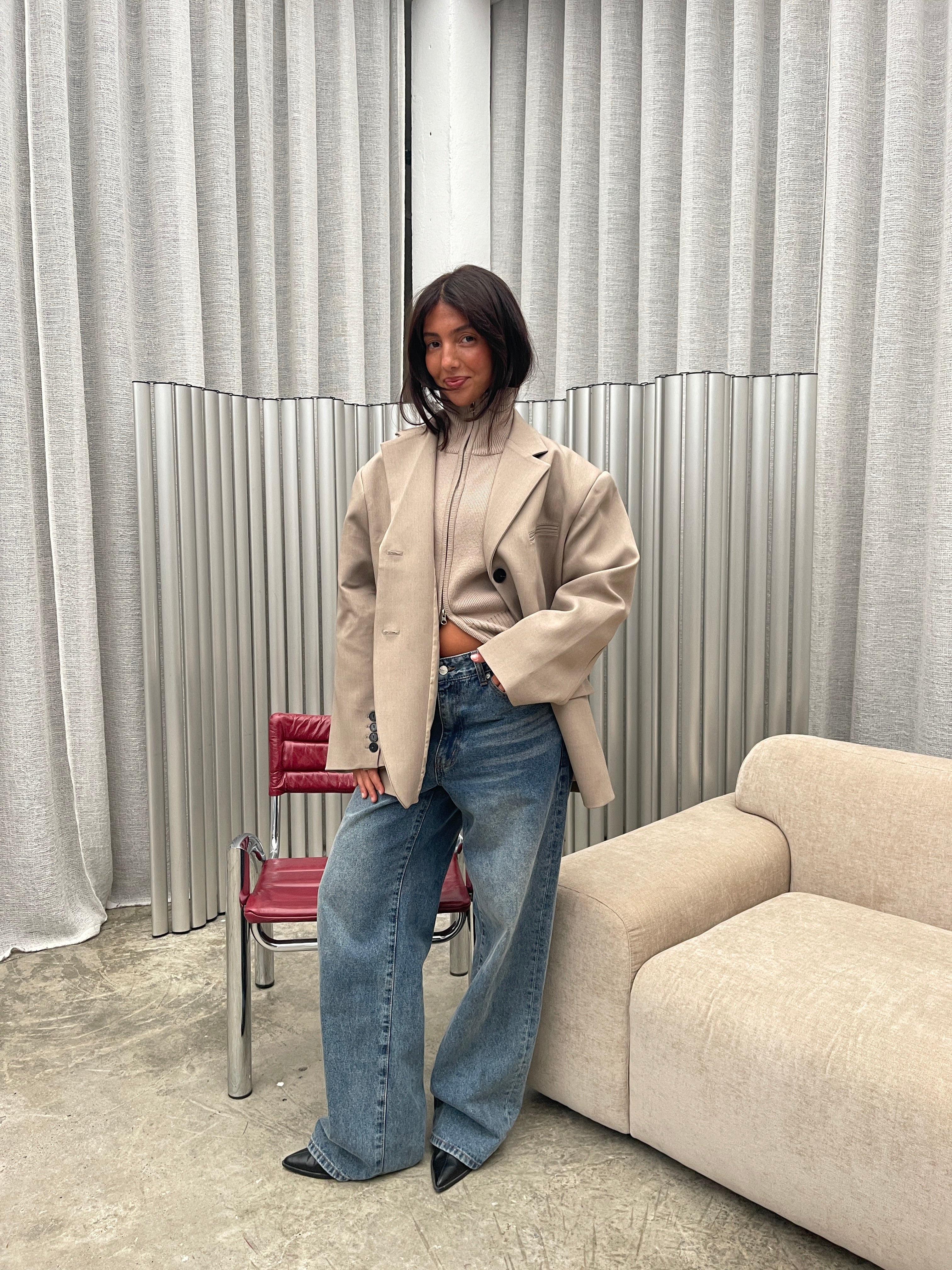 Two Way Zip Cardigan Beige - Image 5