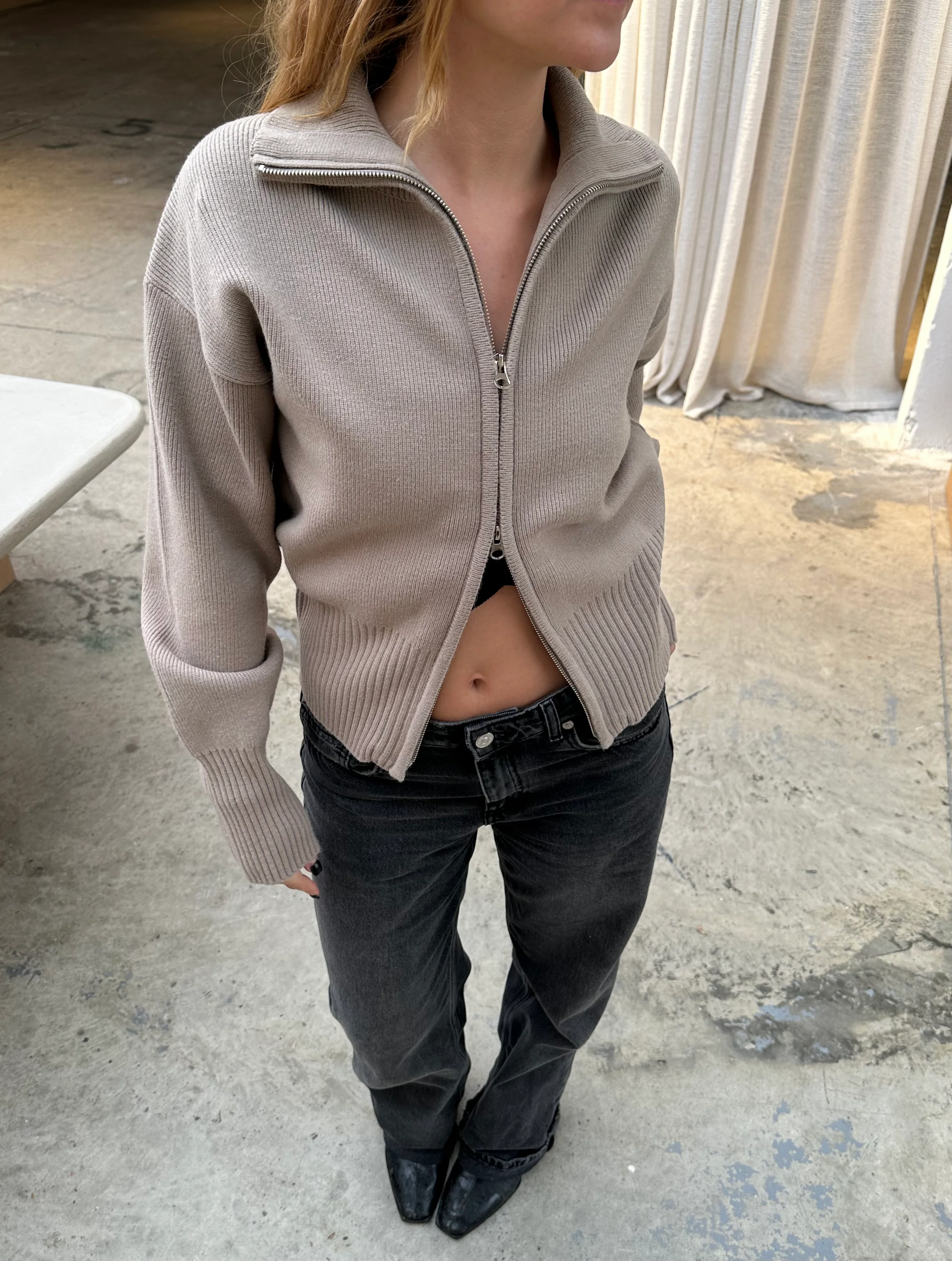 Two Way Zip Cardigan Beige - Image 7