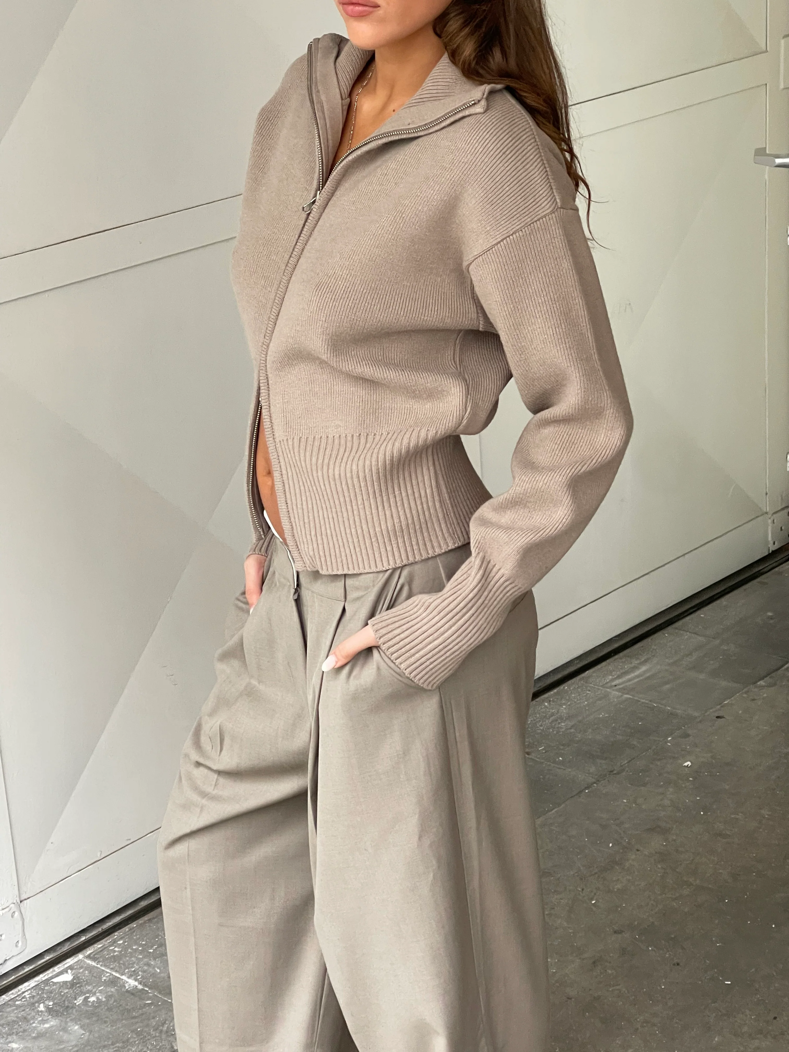 Two Way Zip Cardigan Beige - Image 8