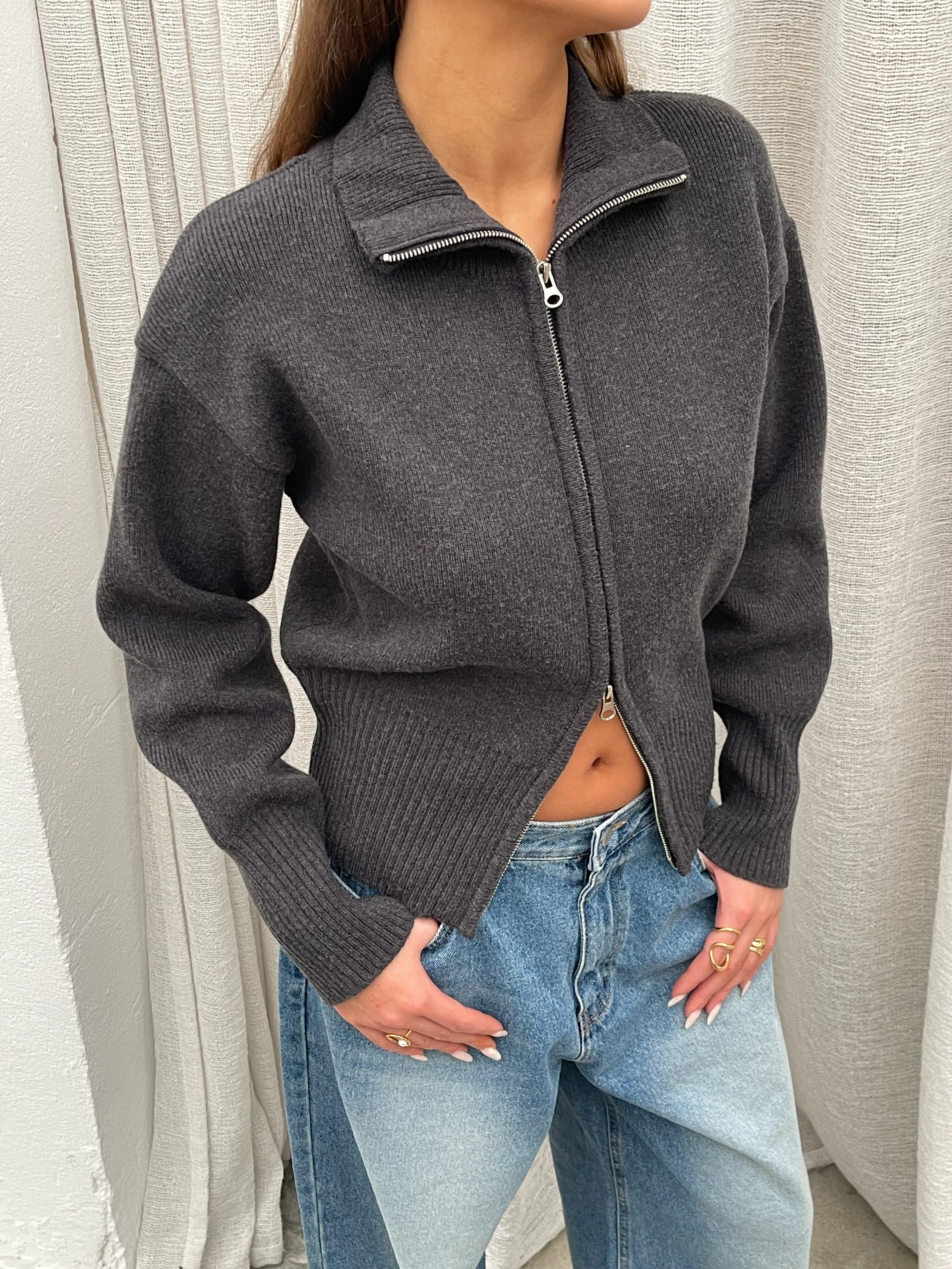 Two Way Zip Cardigan Grey - Image 11