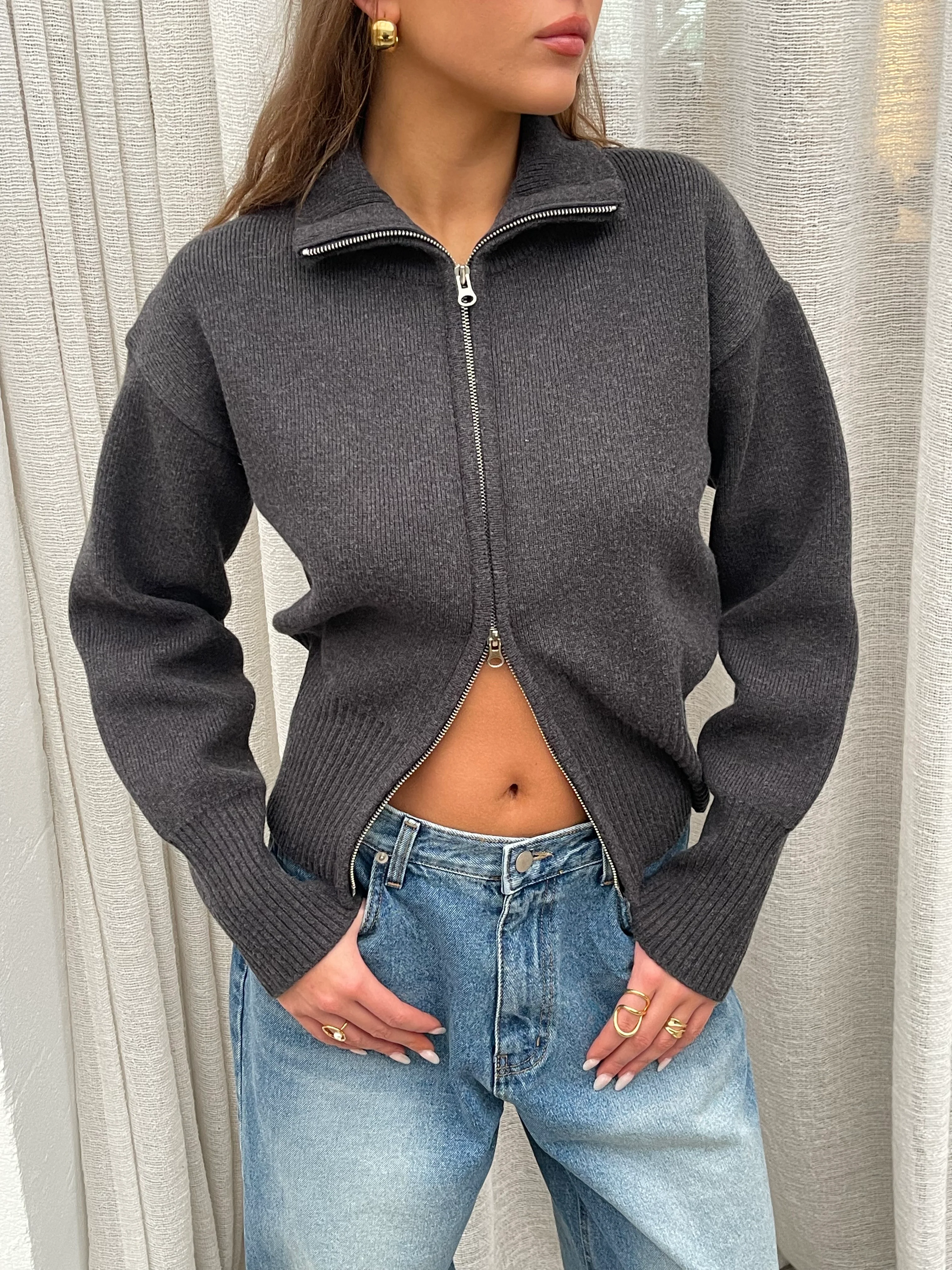 Two Way Zip Cardigan Grey - Image 6